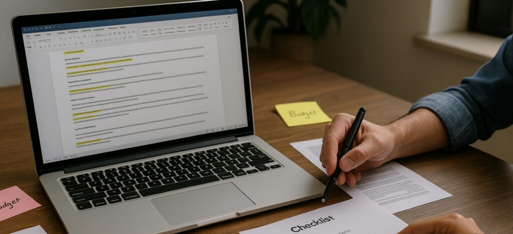 Small team navigating the RFP process for small businesses at a shared desk