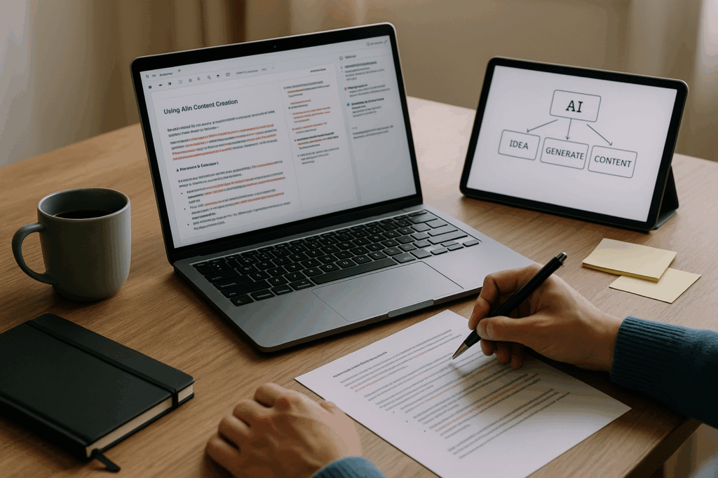 Photo of a writing workspace that shows AI in the loop for content creation.