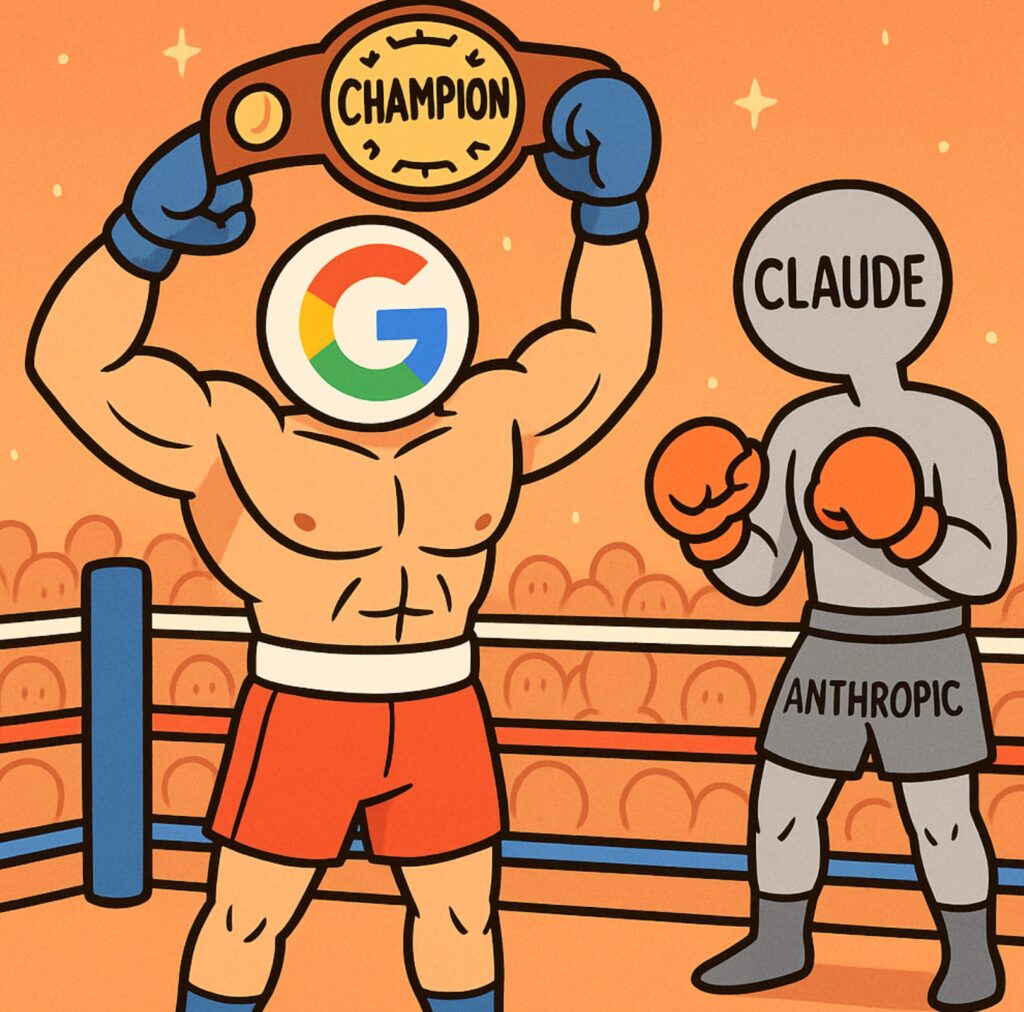 Cartoon of Google holding a championship belt in a boxing ring with Claude and Anthropic waiting to challenge.