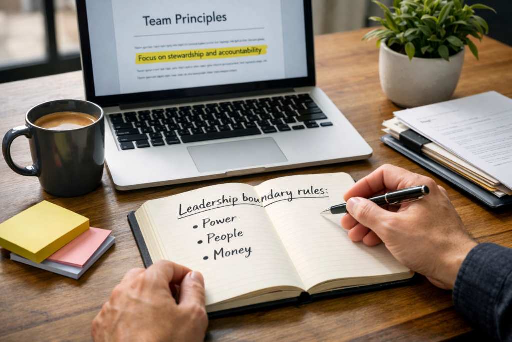 Leadership boundary rules written in a journal on a desk.