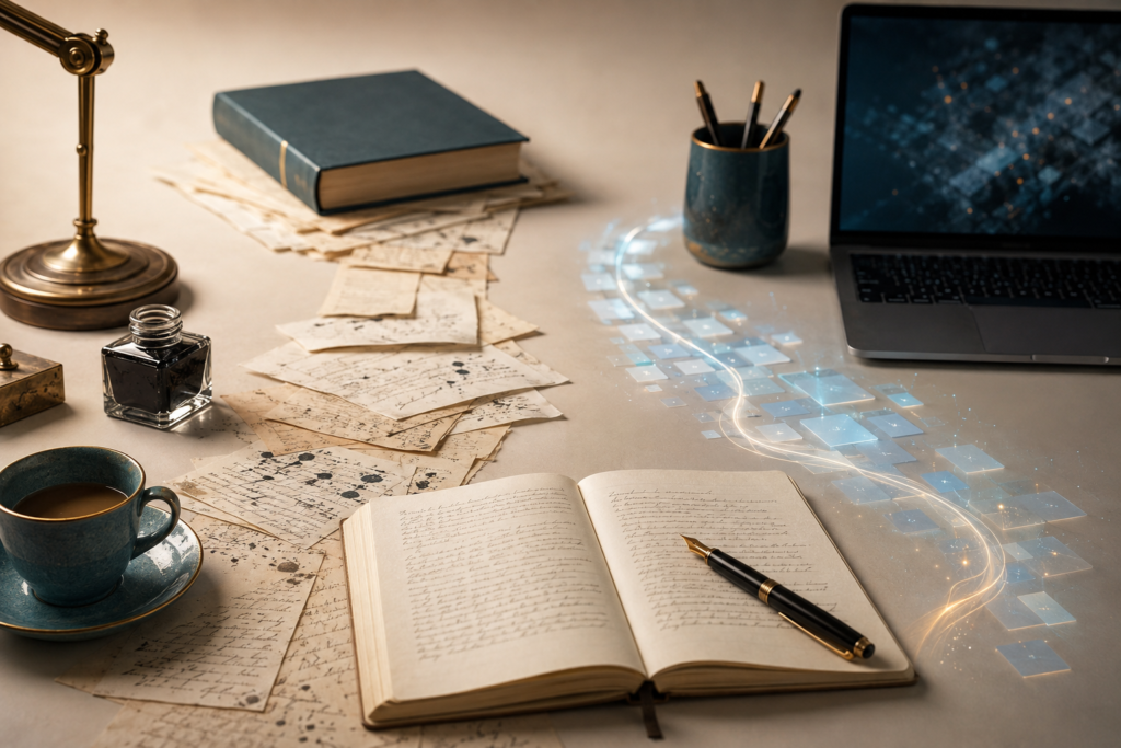 Handwritten manuscript and digital AI path emerging from a writing desk