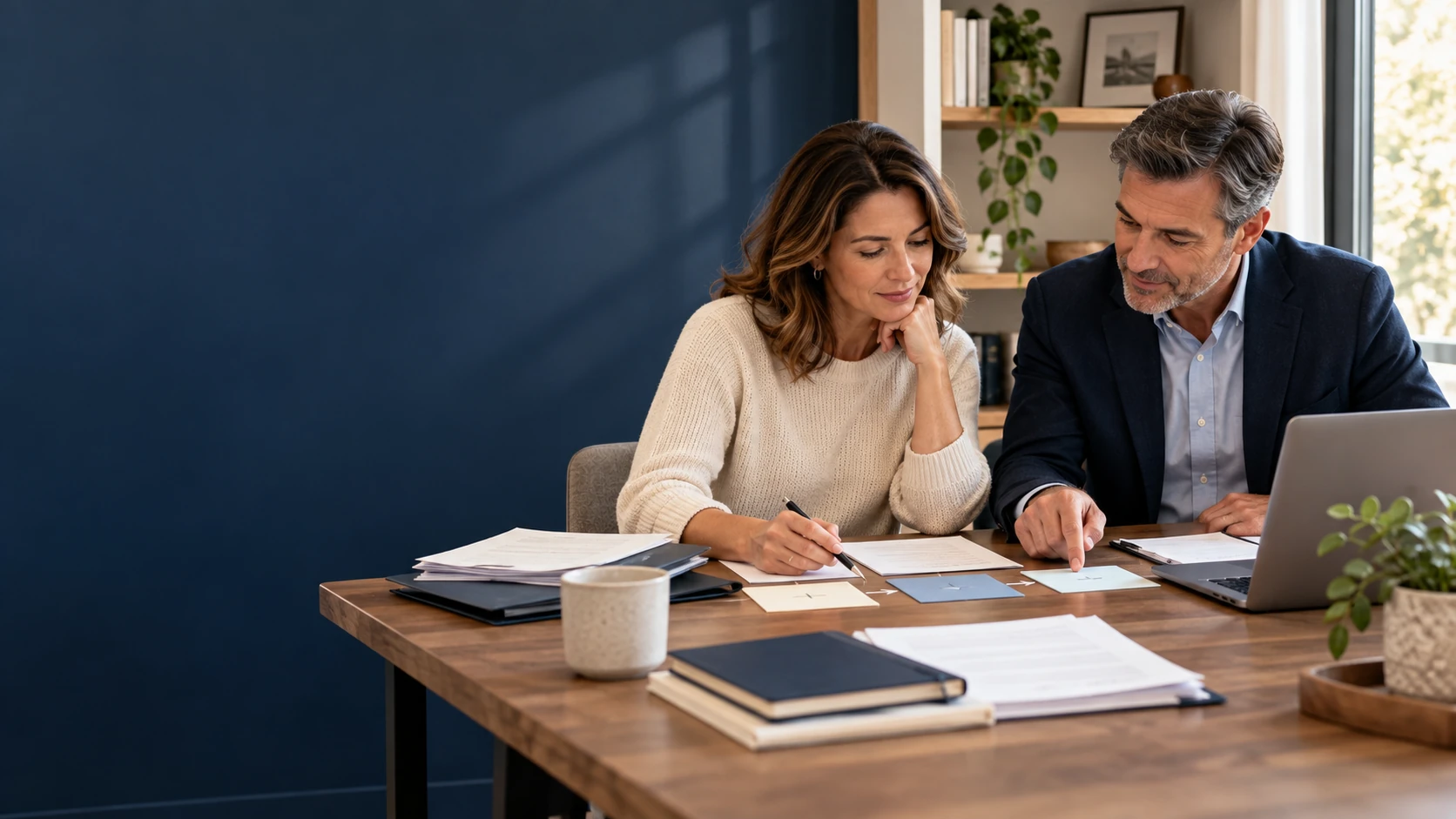 Two people reviewing documents and workflow cards at a desk with a laptop.