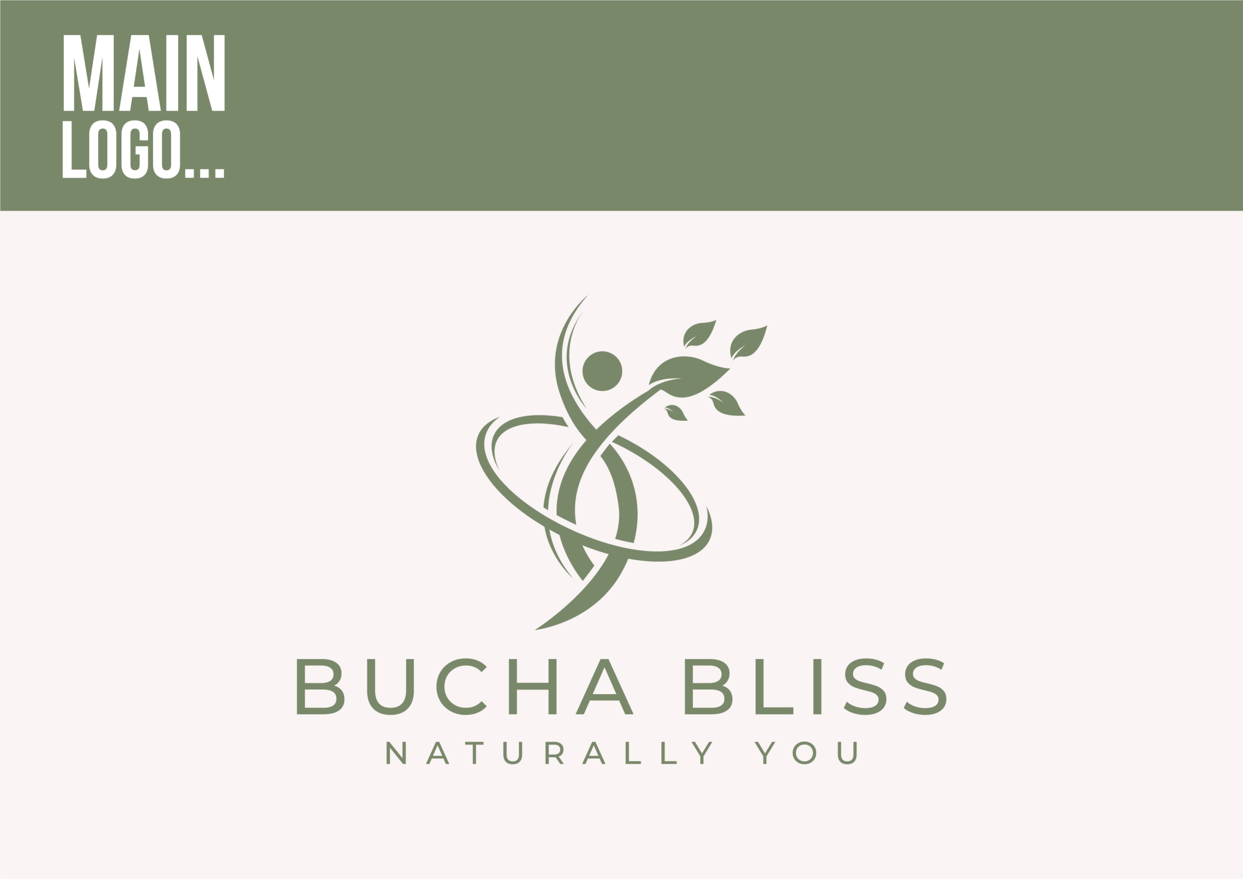 Bucha Bliss visual identity board Bucha Bliss logo and tagline shown on a sage-green and pale-pink identity board.