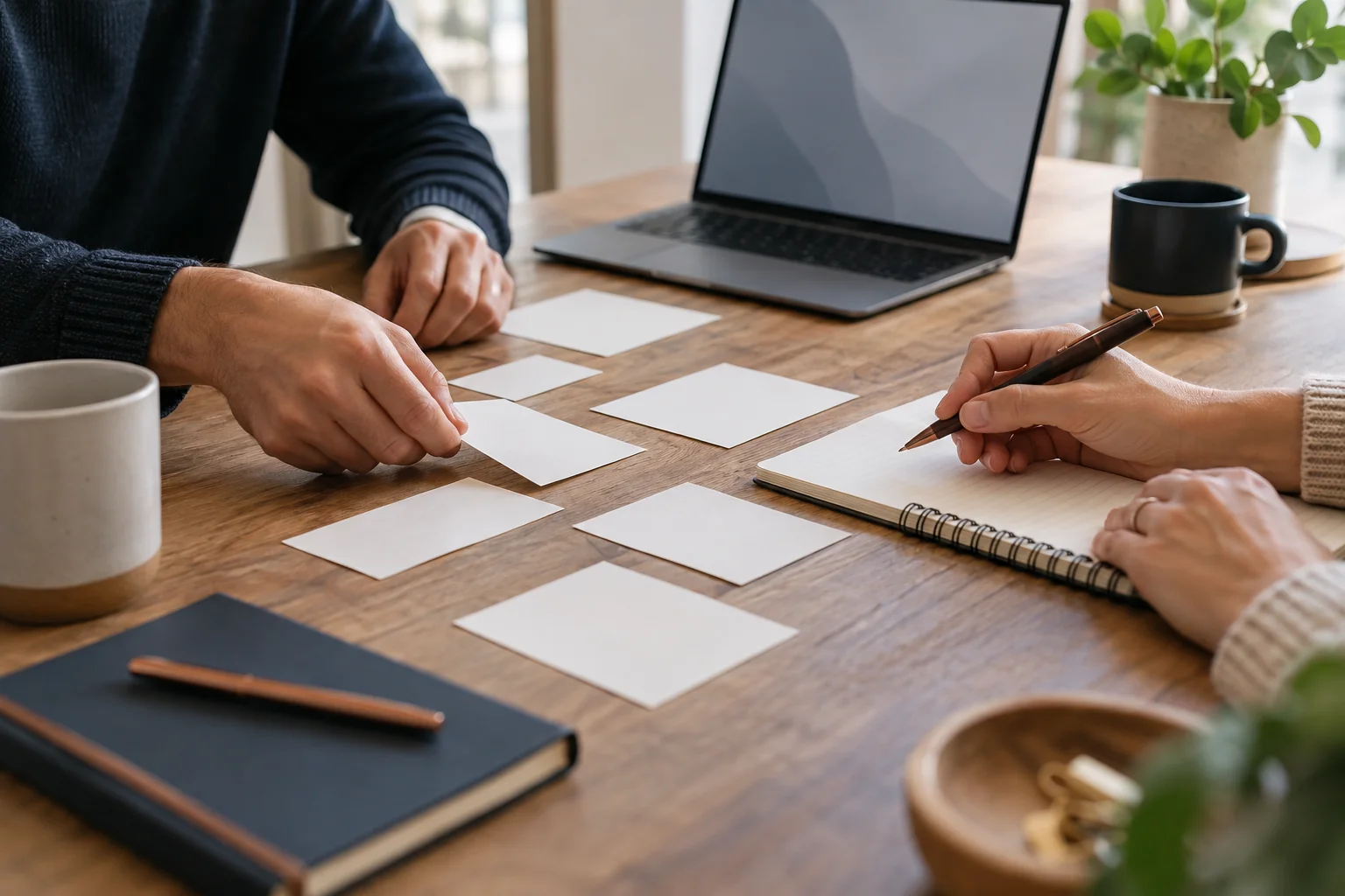 Two people mapping a business workflow with notes and a laptop.
