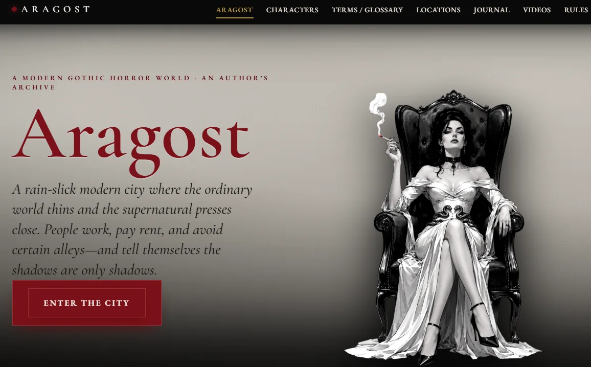 Aragost world page with its gothic visual direction and archive navigation.
