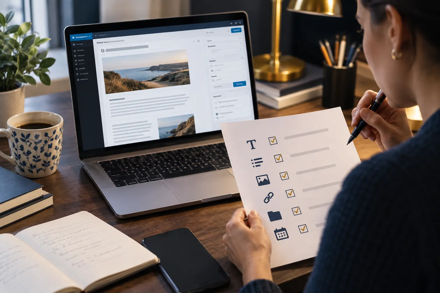 Reviewer checking a content-import workflow for structure, images, links, categories, and schedule.