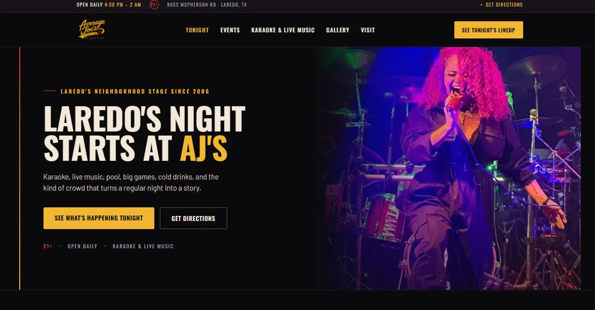 Average Joe’s concept homepage with the headline Laredo’s Night Starts at AJ’s and a live-music photo.
