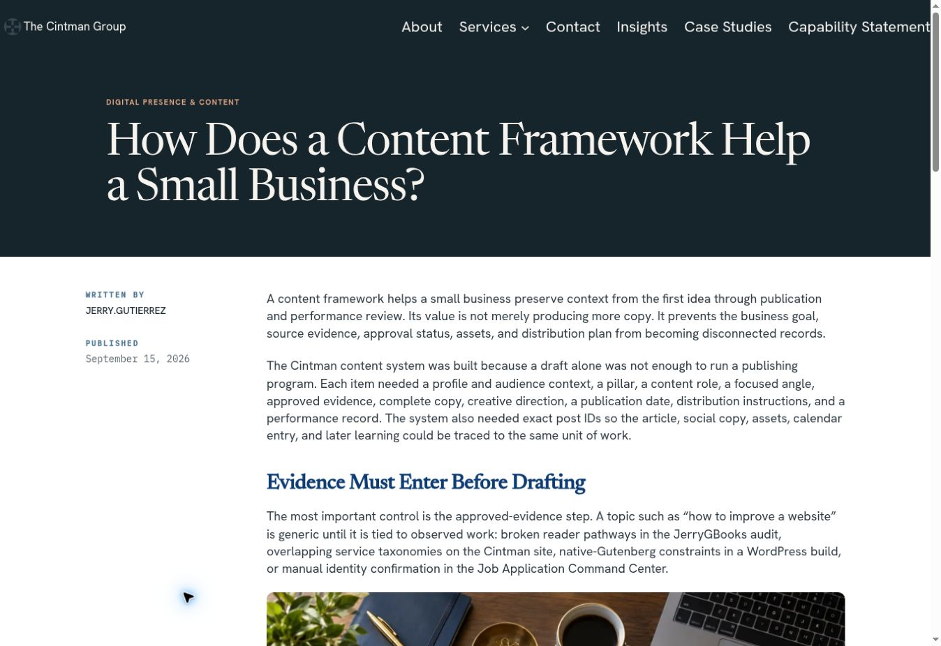 Cintman article explaining how a content framework helps a small business.