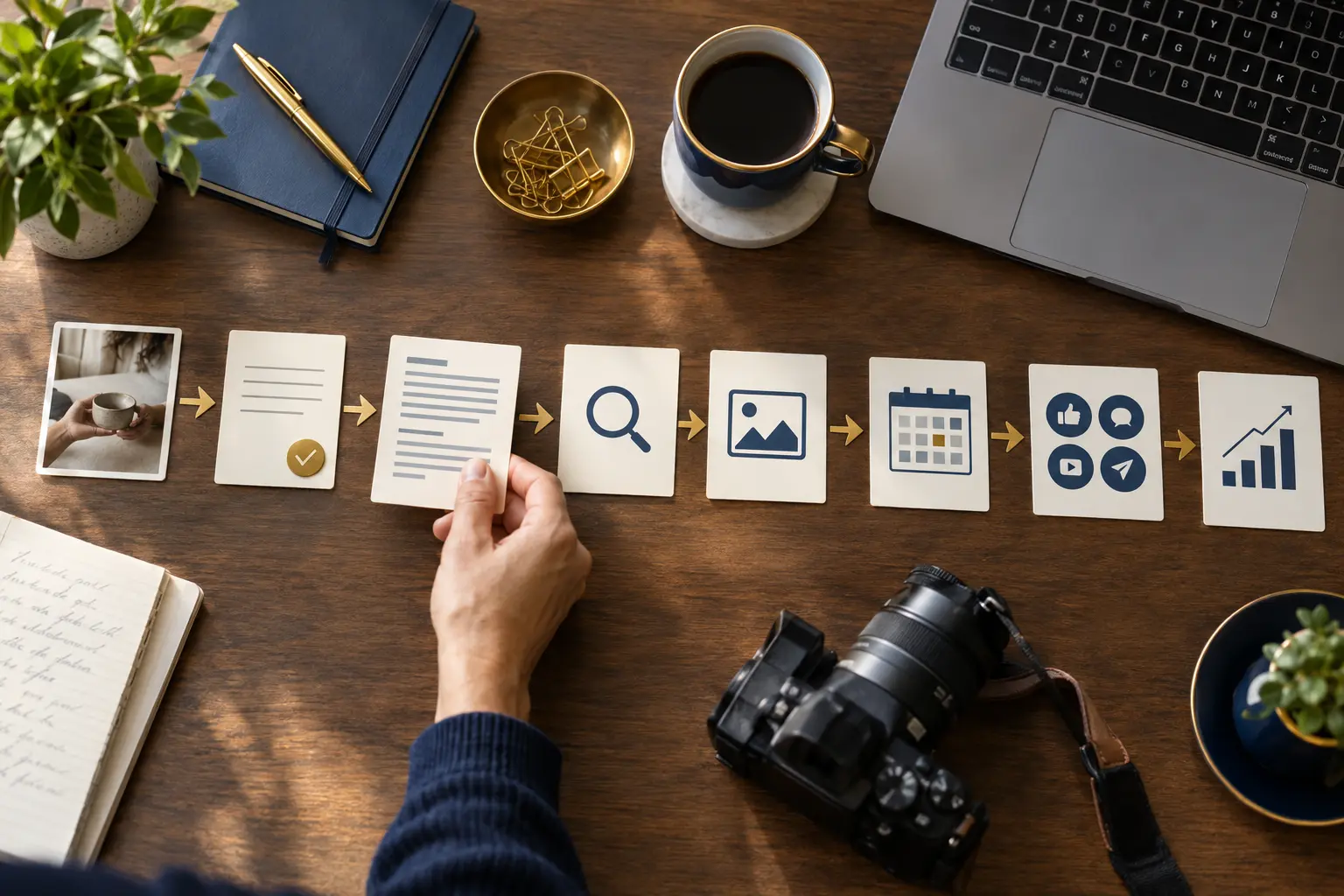 Connected content workflow moving from approved evidence through drafting, SEO, images, calendar, distribution, and measurement.