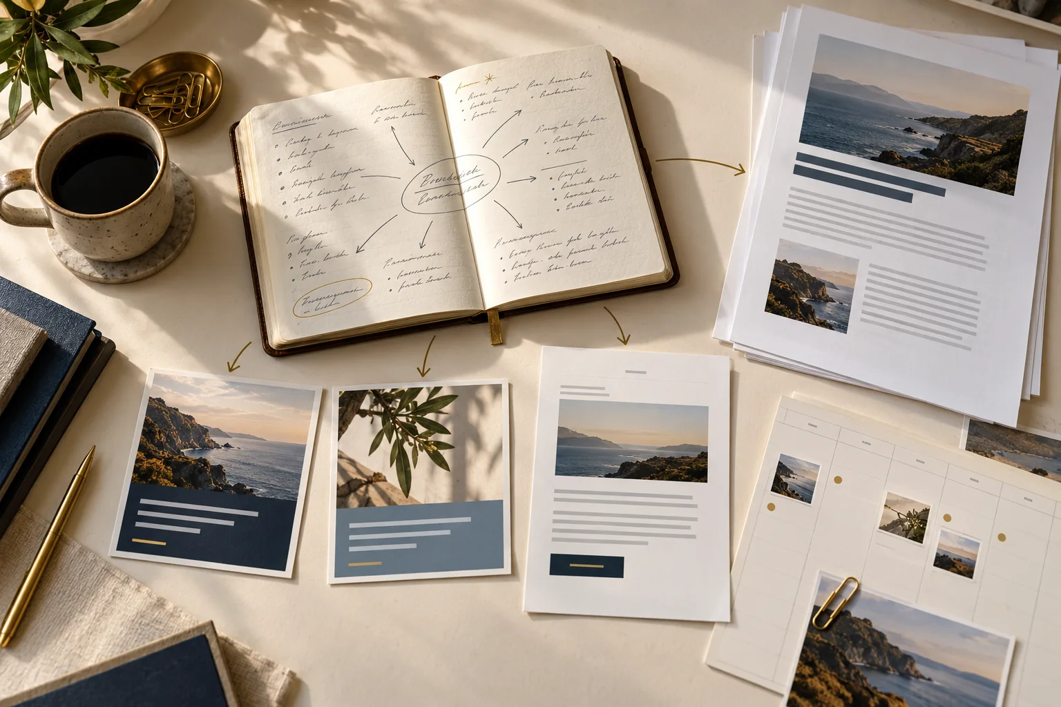 An idea developed into an article, social content, and a posting calendar.
