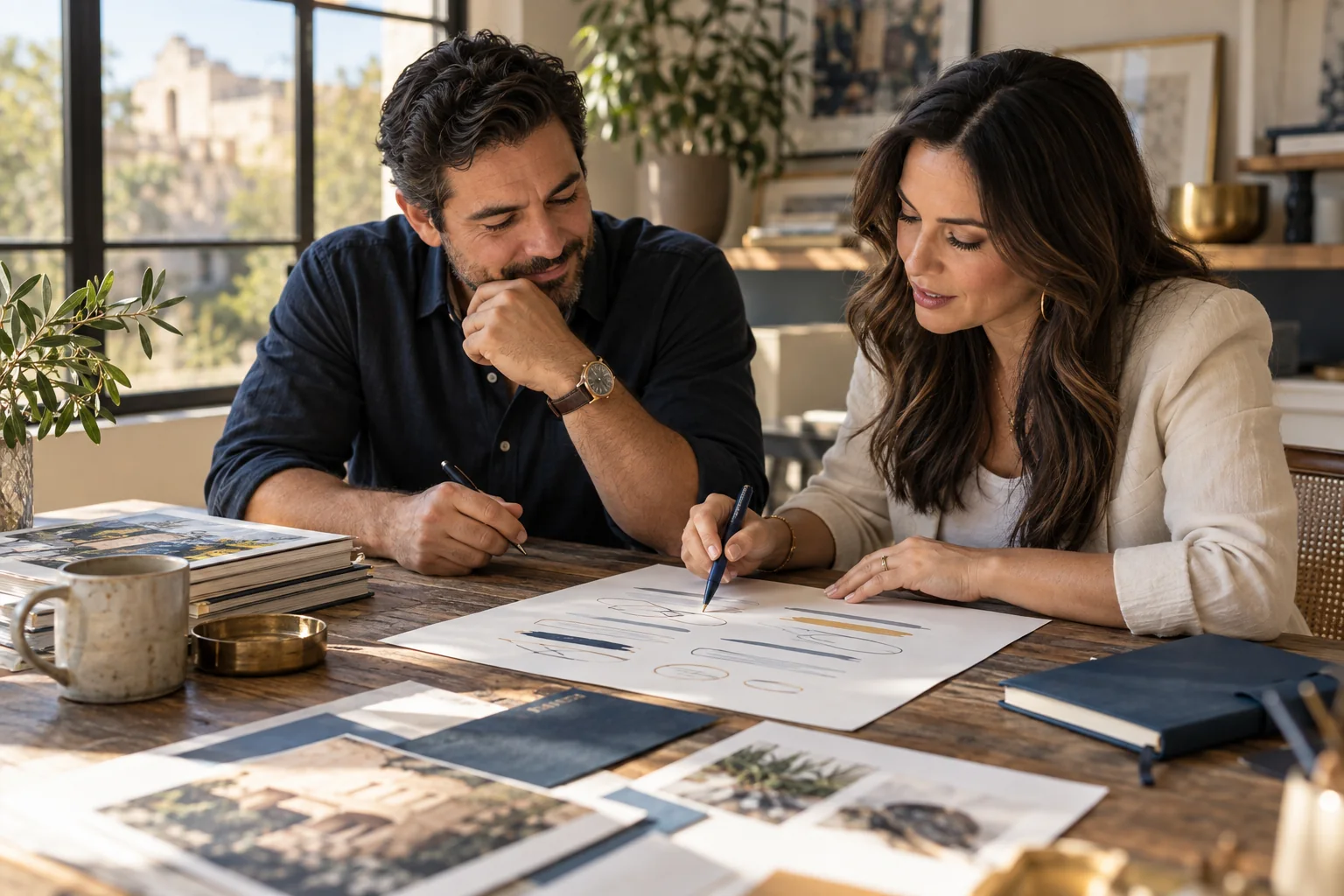 Two people reviewing and annotating a business voice profile.