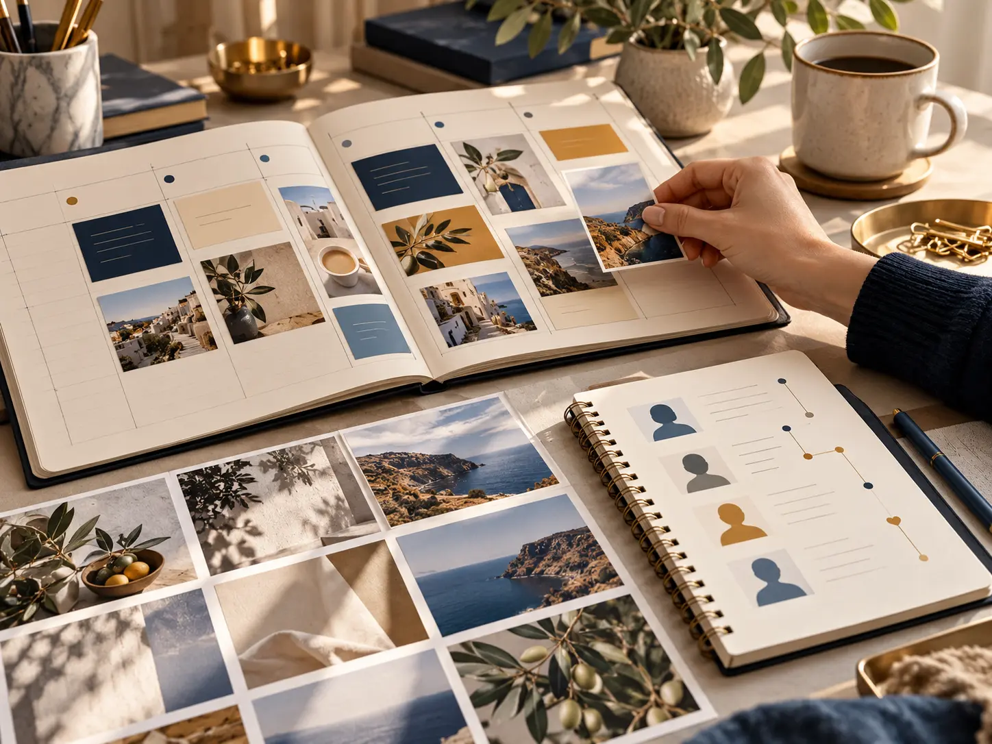A person selecting a content calendar card beside anonymous relationship-planning notes.