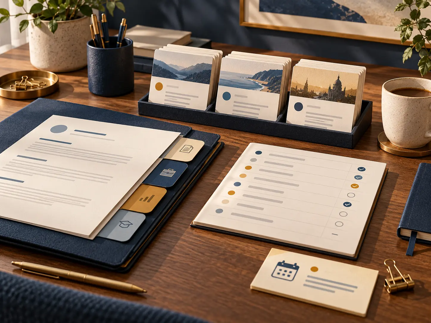 Job opportunities, a resume folder, and application follow-up organized on a desk.