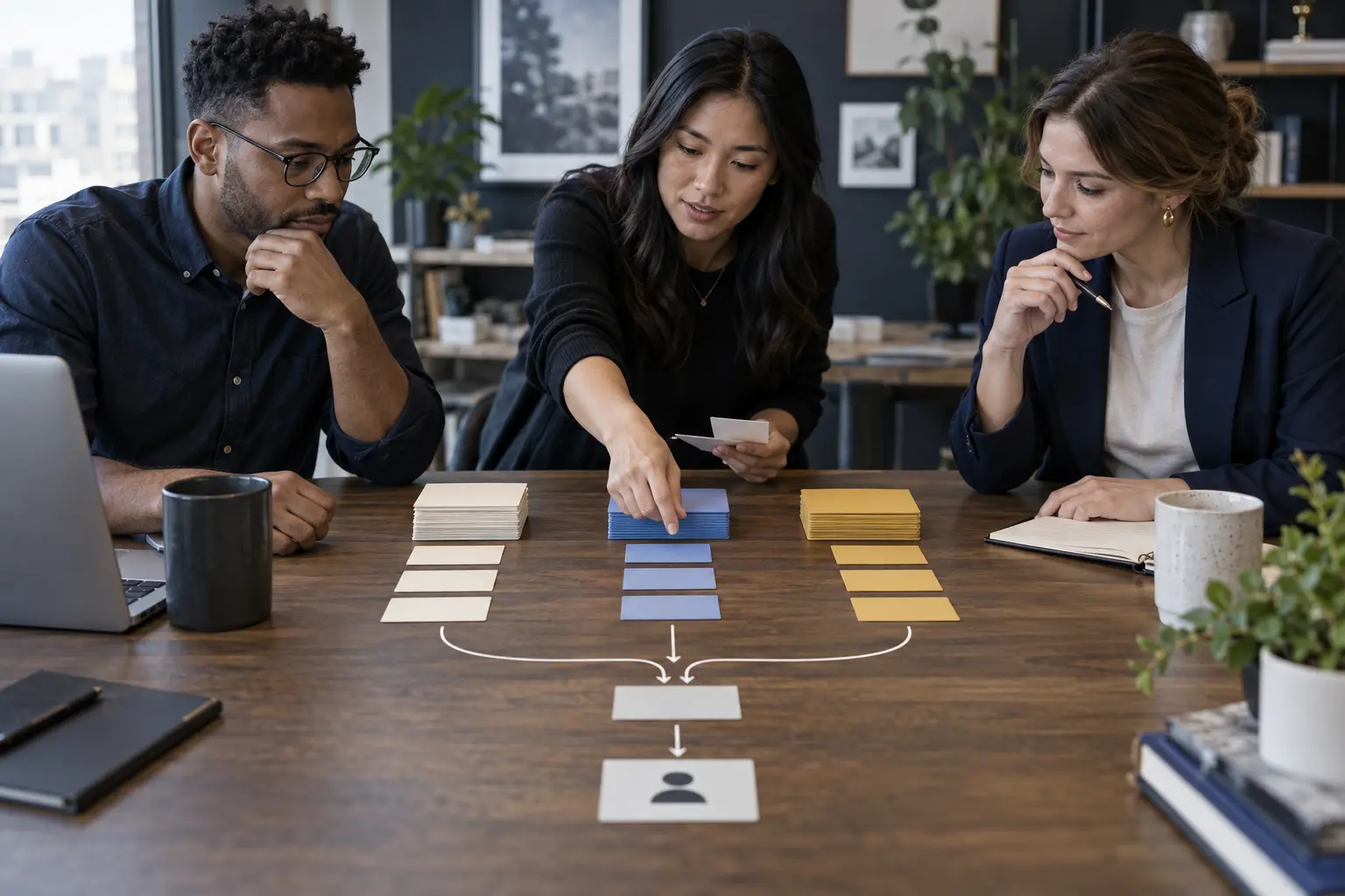 Small team sorting three groups of website content into a single customer decision path.