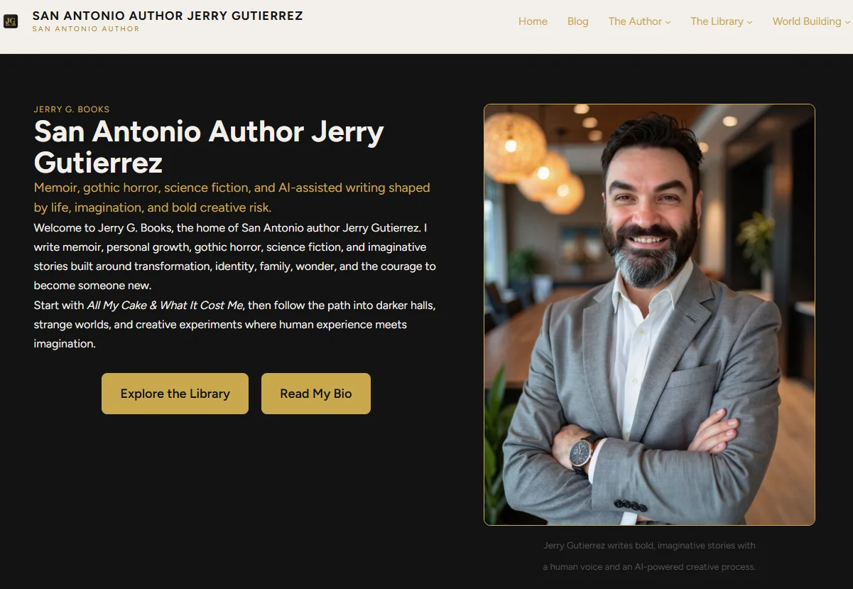 Jerry G. Books homepage showing the author introduction and site navigation.