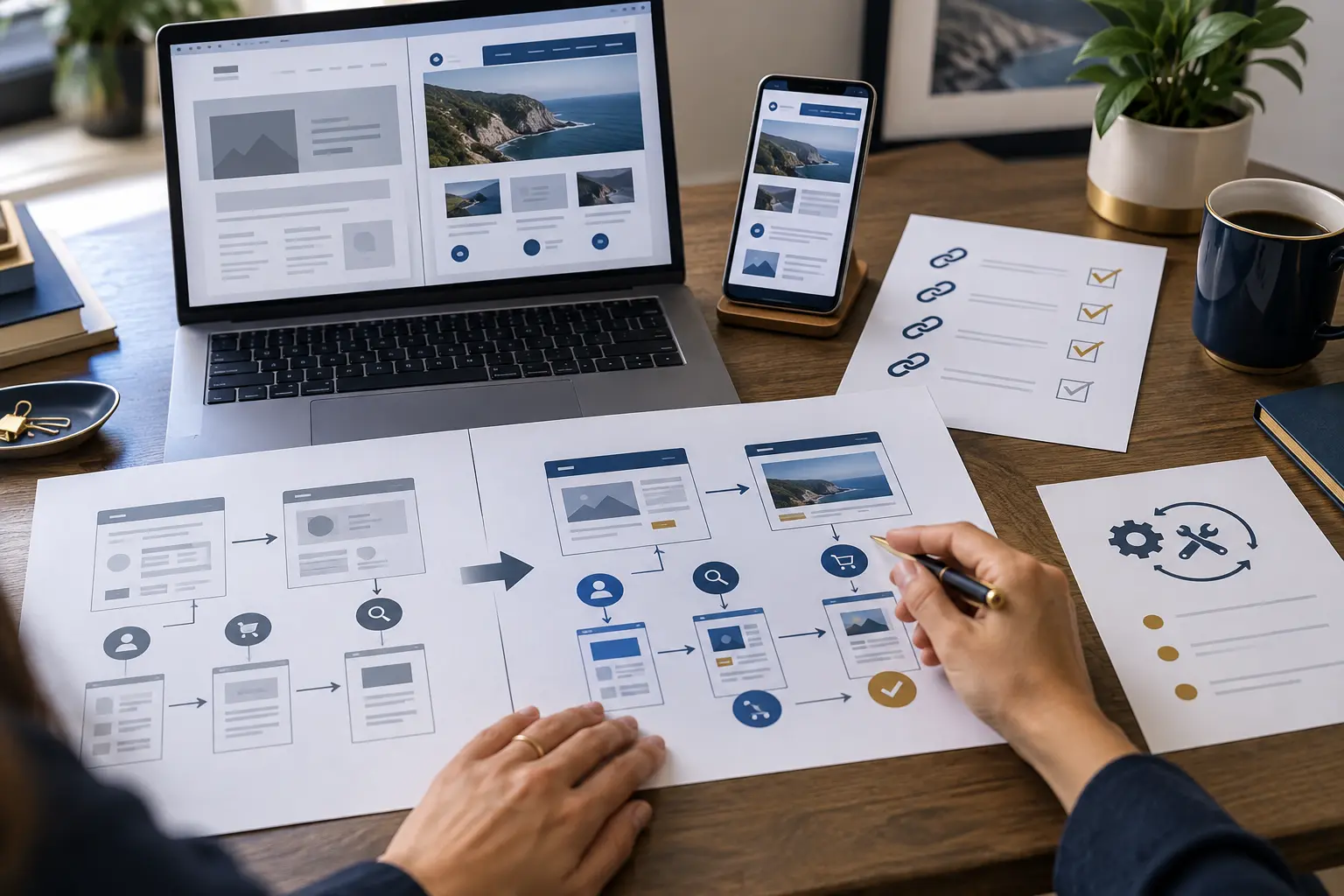 Website redesign review comparing visitor pathways across desktop and mobile with link and maintenance checks.