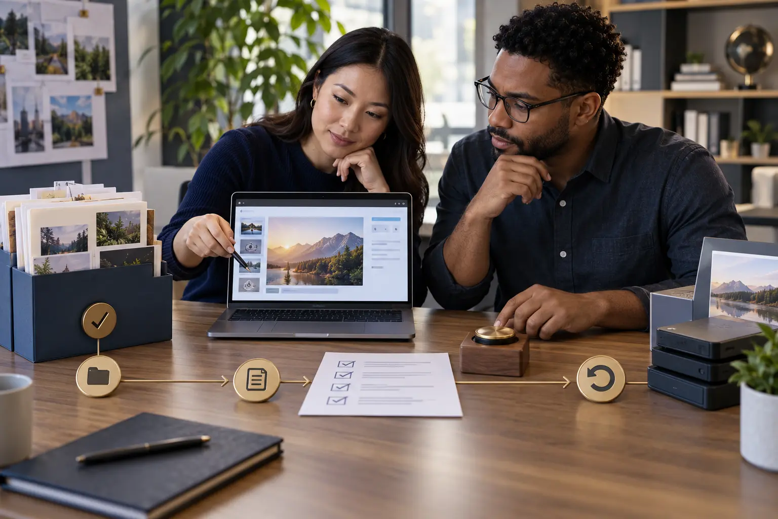 Two reviewers connecting approved sources, an AI workspace, a review checklist, manual approval, and rollback.