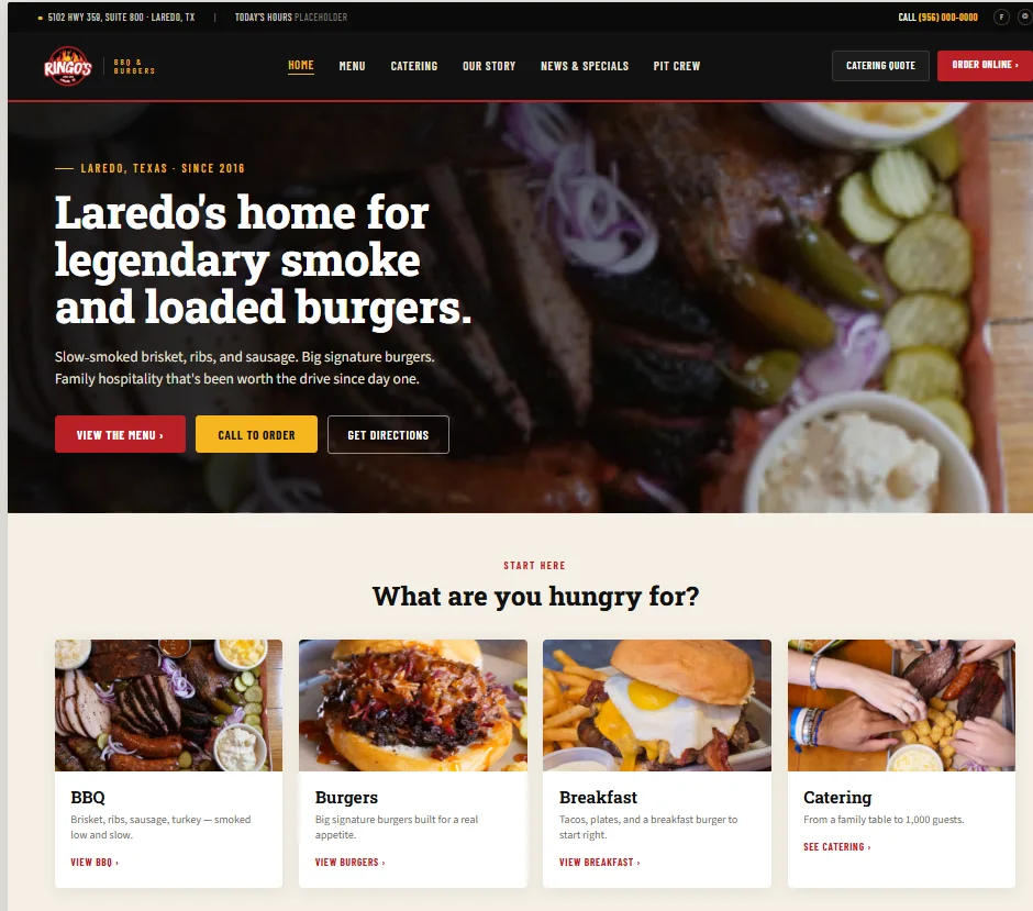 Ringo’s BBQ proposal homepage with a smoked-meat hero and menu category cards.