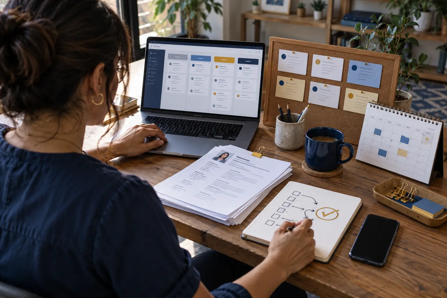 Small-business owner reviewing a bounded AI workflow with application records and a follow-up calendar.