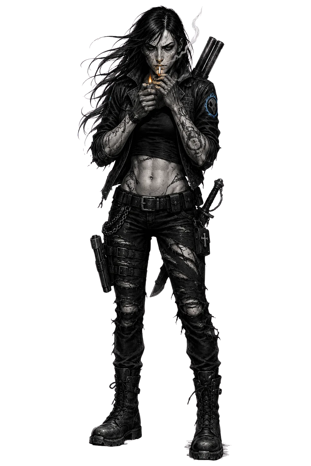 Dee lighting a cigarette in dark clothing