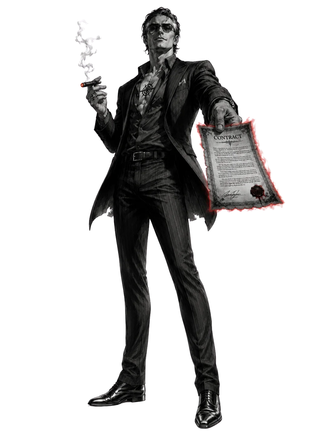 Orrin holding a cigar and a red-edged contract