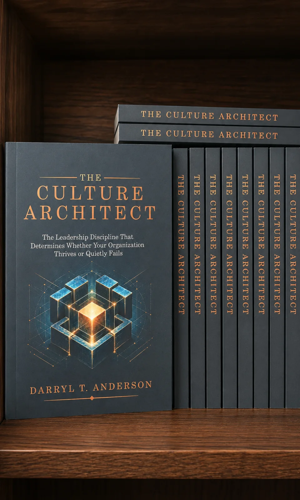 The Culture Architect books arranged on a dark wooden shelf