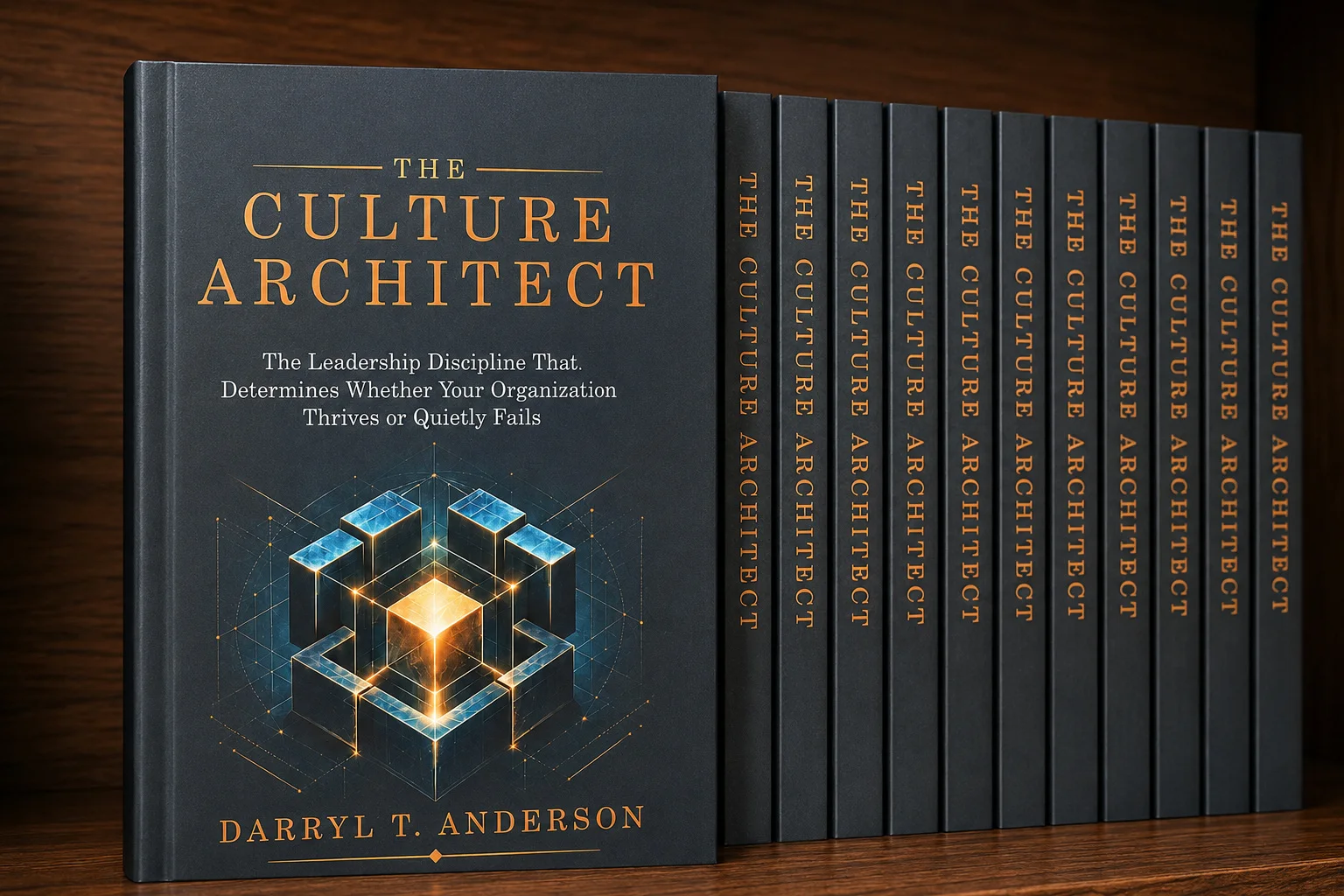The Culture Architect books in a straighter display on a wood surface
