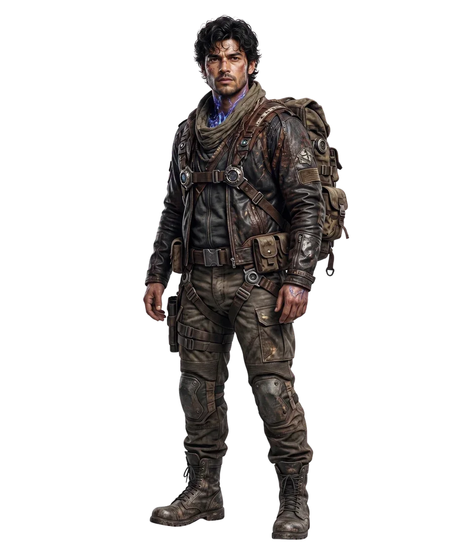 Elo in worn salvage gear with a backpack