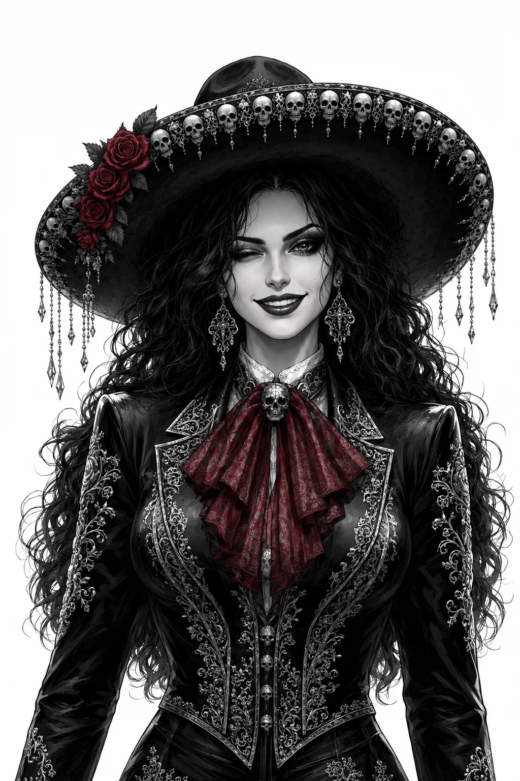 Lianna smiling in an ornate black outfit and rose-trimmed hat