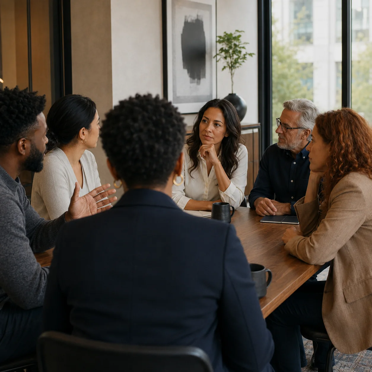 A lead speaking at a worktable as colleagues listen