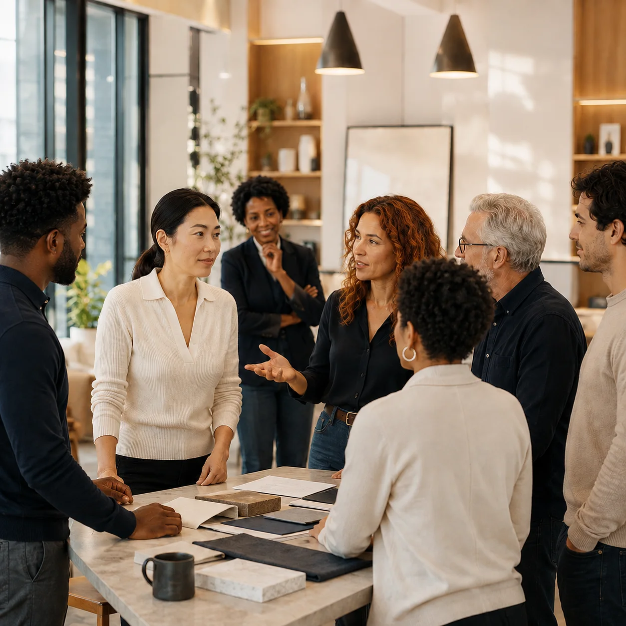 A lead and colleagues gathered around a worktable