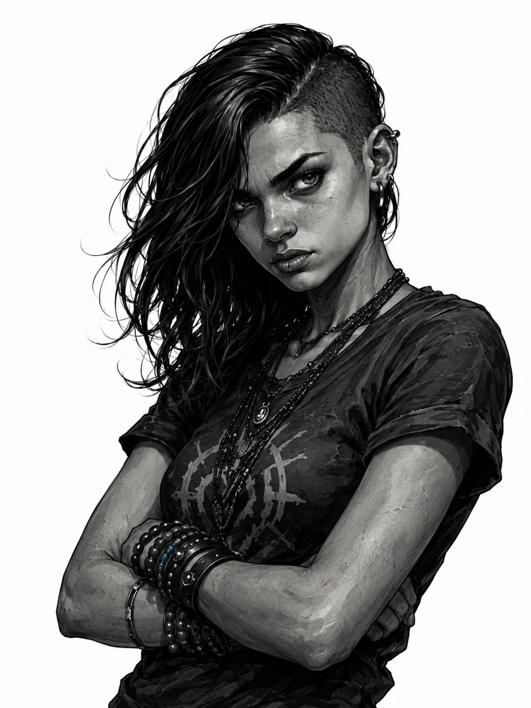 Xochil with arms crossed, asymmetrical dark hair and layered jewelry
