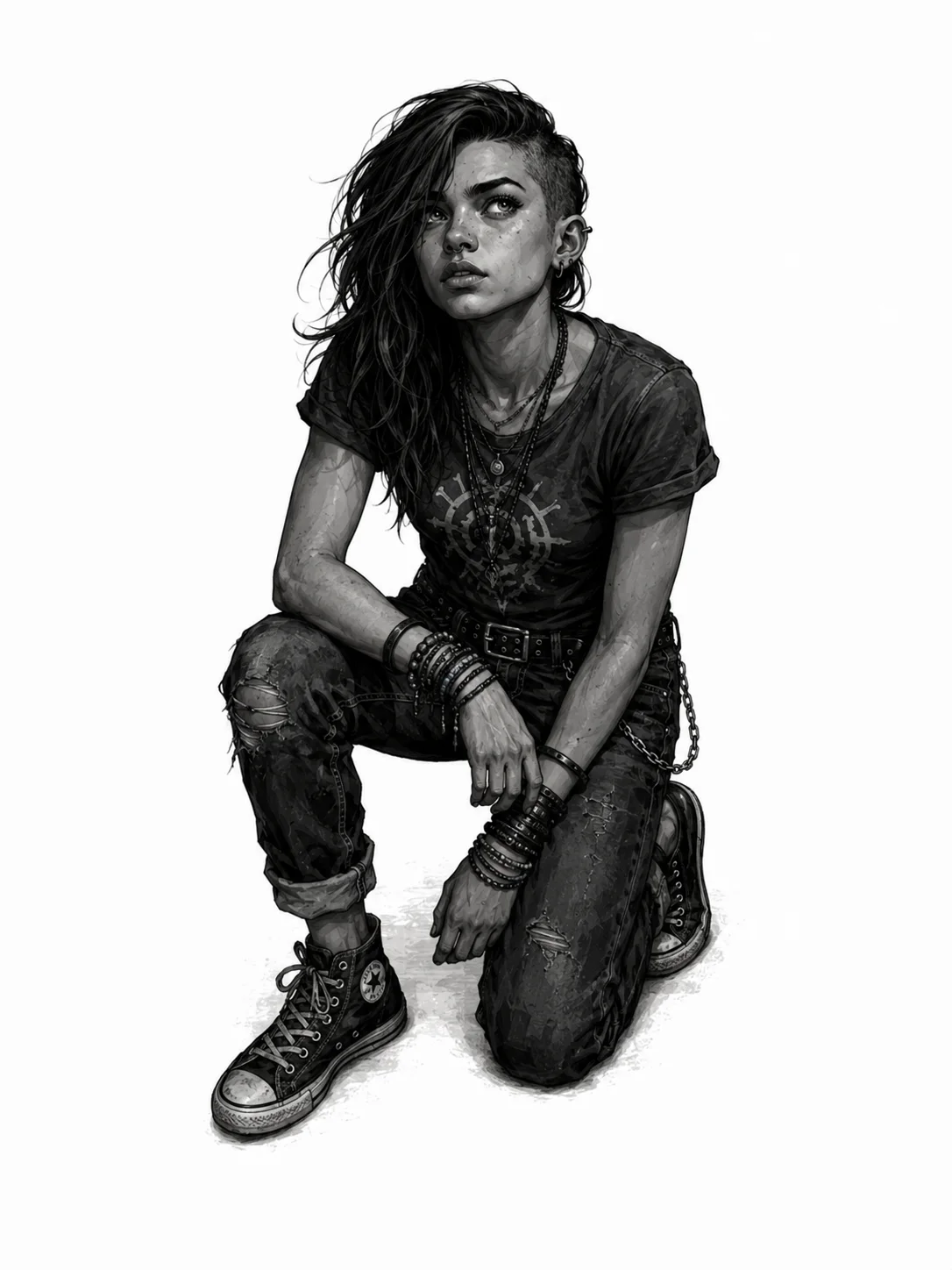Xochil kneeling in dark clothes and high-top shoes