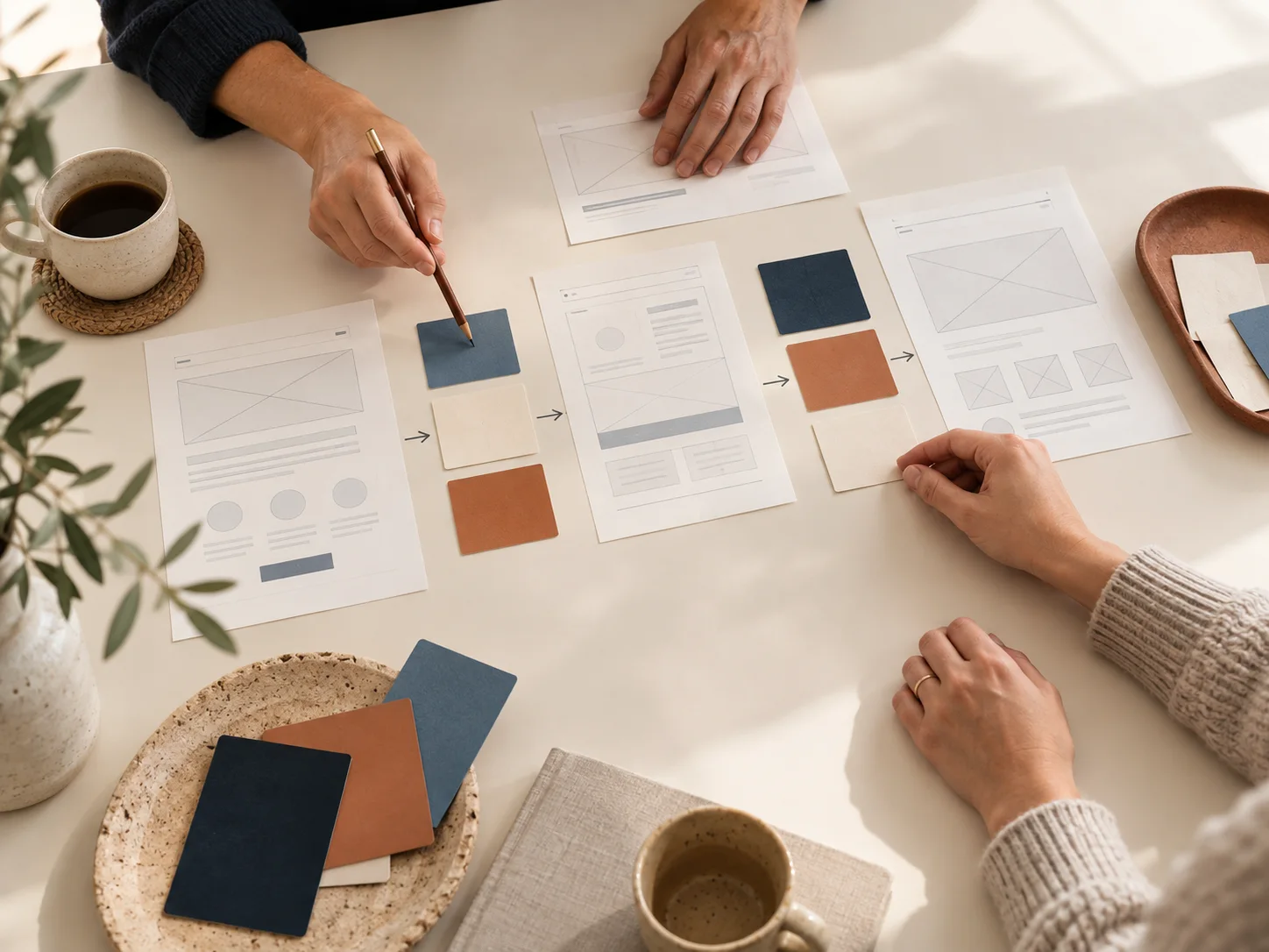 Two people arranging wireframes and color swatches on a table.